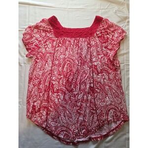 Faded Glory womens top blouse red‎ lace trim short sleeve stretch Size Small